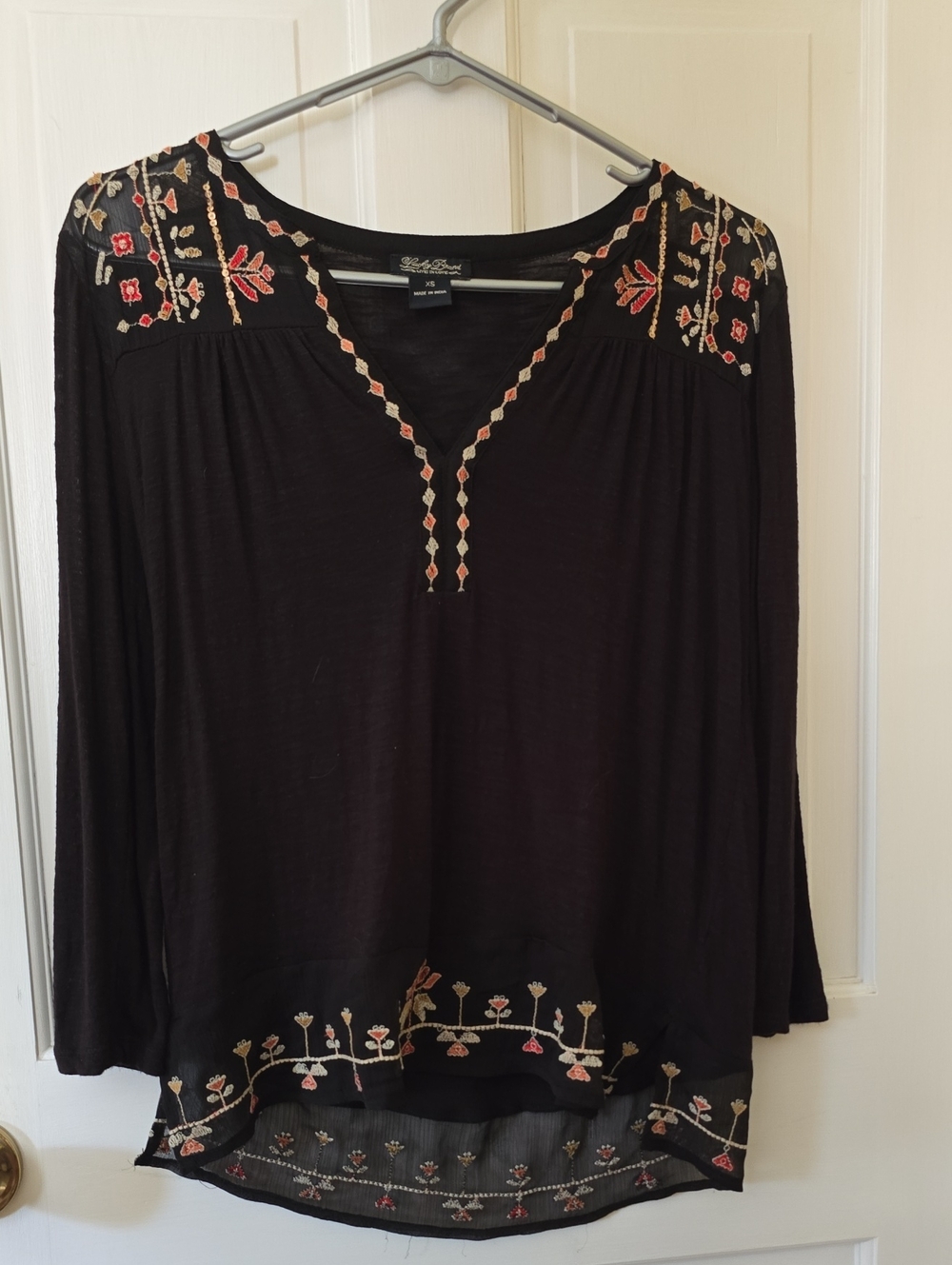 Lucky Brand Black Embroidered V-Neck Tunic with Pink and Cream Accents